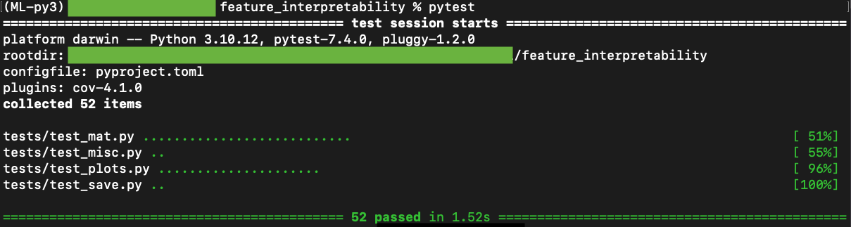 pytest terminal printout for all tests