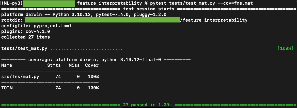 pytest terminal printout for fns.mat tests